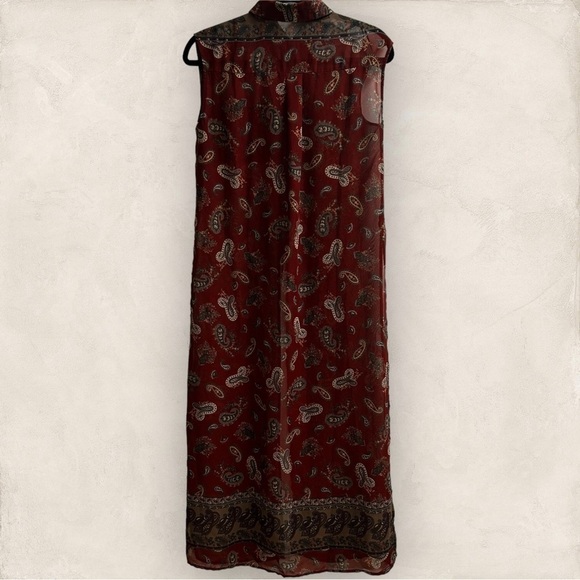 Oober Swank Duster Top Deep Red Sheer Paisley Layering Split - Size Small - Picture 6 of 11